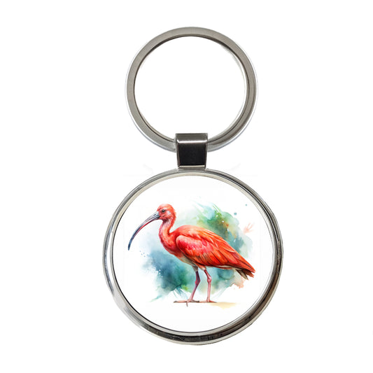 Scarlet Ibis Bird Watercolor Round Metal Keychain
