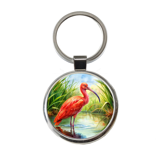 Scarlet Ibis In Marsh Bird Watercolor Round Metal Keychain