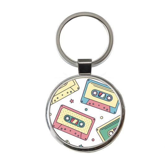 Scattered Cassette Tapes Round Metal Keychain