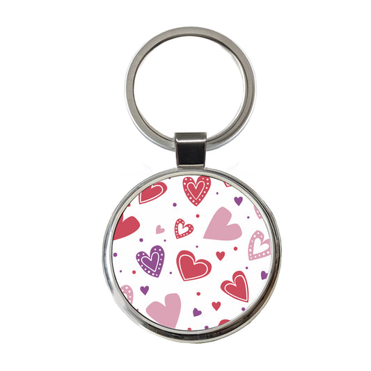 Scattered Hearts Bright Red Pink Purple Love Round Metal Keychain