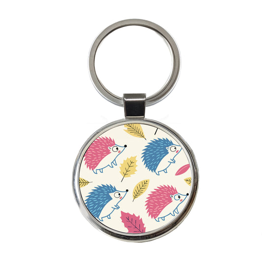 Scattered Hedgehogs Pink Blue Round Metal Keychain