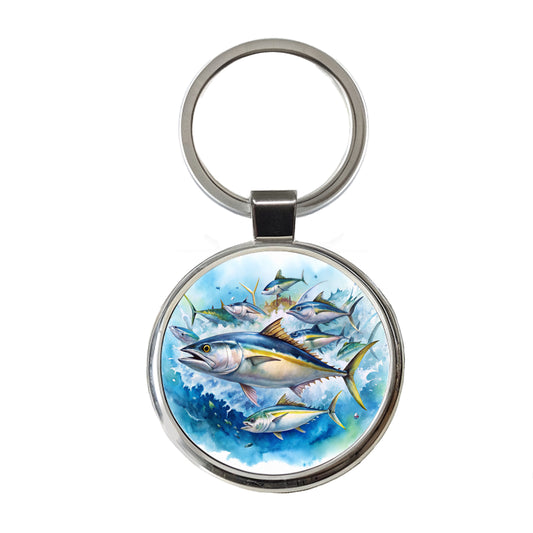 School Of Tuna Deep Sea Sport Fishing Watercolor Round Metal Keychain
