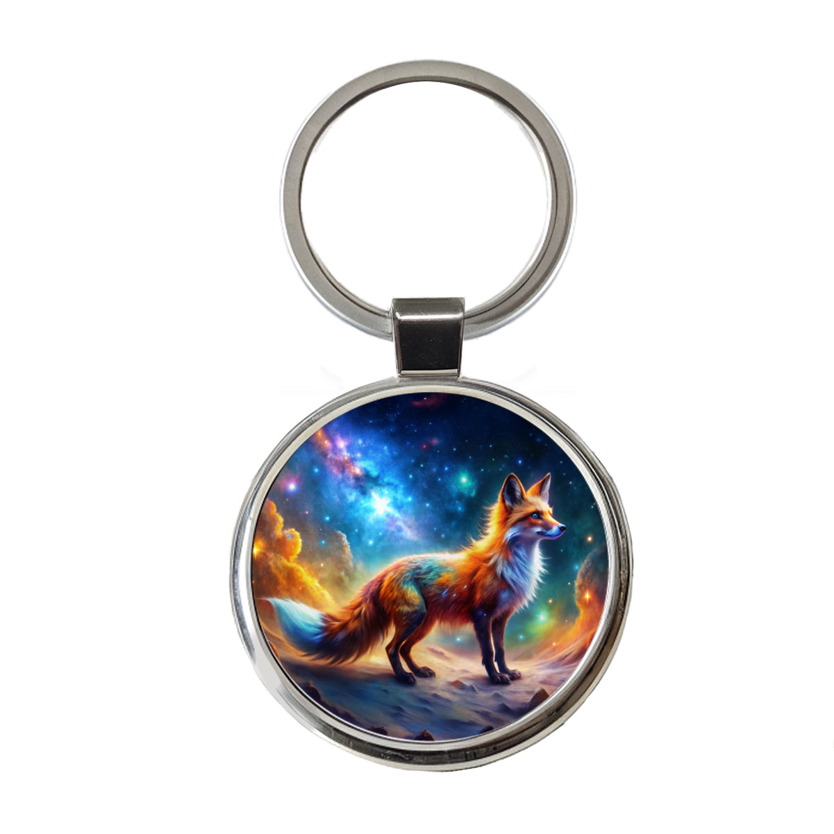 Sci-fi Fantasy Fox In Space Nebula Background Round Metal Keychain