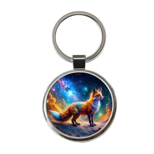 Sci-fi Fantasy Fox In Space Nebula Background Round Metal Keychain