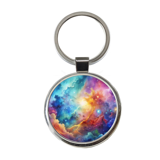 Sci-fi Fantasy Space Nebula Rainbow Watercolor Round Metal Keychain