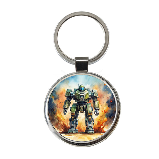 Sci-fi Giant Robot Warrior Mech Watercolor Round Metal Keychain