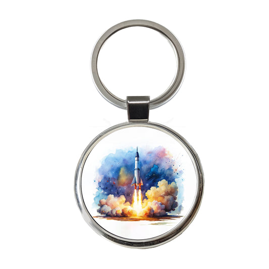 Sci-fi Missile Rocket Launch Watercolor Round Metal Keychain