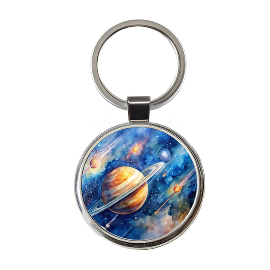 Sci-fi Planet Saturn Meteor Shower Round Metal Keychain