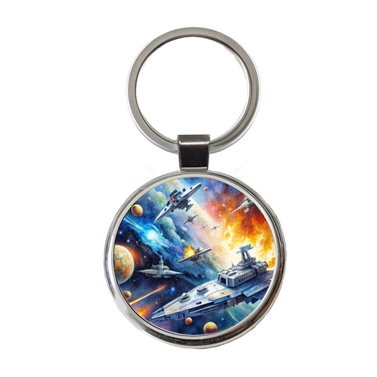 Sci-fi Space Battle Watercolor Round Metal Keychain