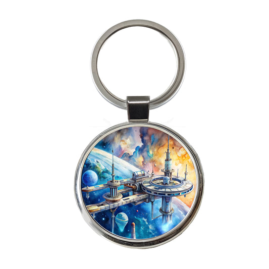 Sci-fi Space Station In Orbit Watercolor Round Metal Keychain