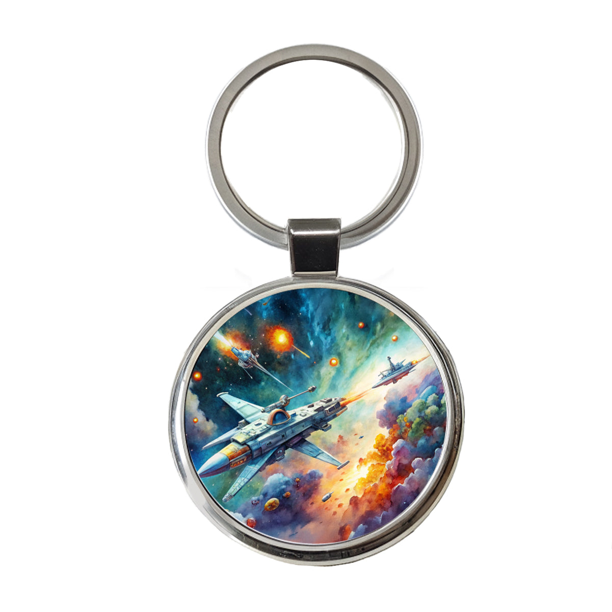 Sci-fi Spaceships Fighting In Space Watercolor Round Metal Keychain