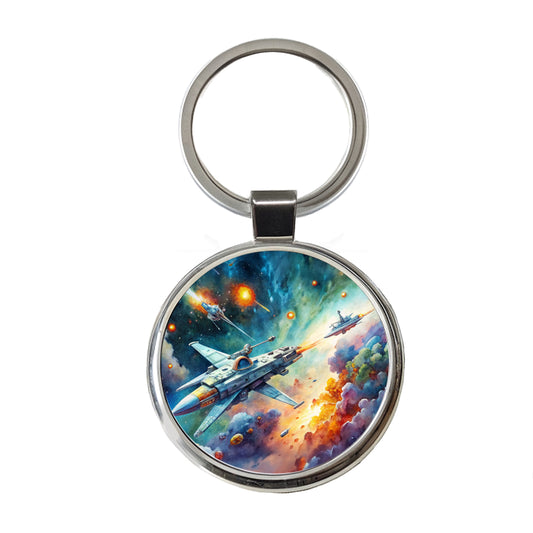 Sci-fi Spaceships Fighting In Space Watercolor Round Metal Keychain