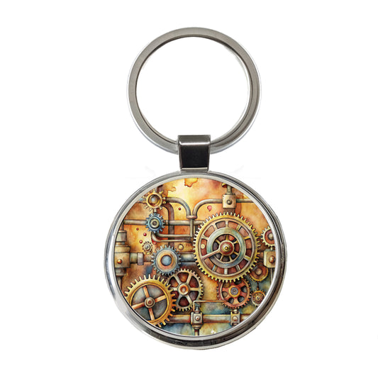 Sci-fi Steampunk Gears And Pipes Watercolor Round Metal Keychain
