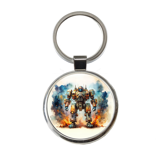 Sci-fi Steampunk Giant Robot Warrior Mech Watercolor Round Metal Keychain