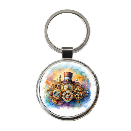 Sci-fi Steampunk Hat And Gears Watercolor Round Metal Keychain
