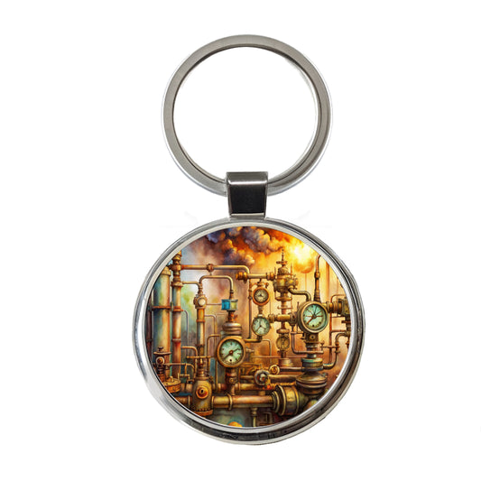 Sci-fi Steampunk Pipes Gauges Steam Fire Watercolor Round Metal Keychain
