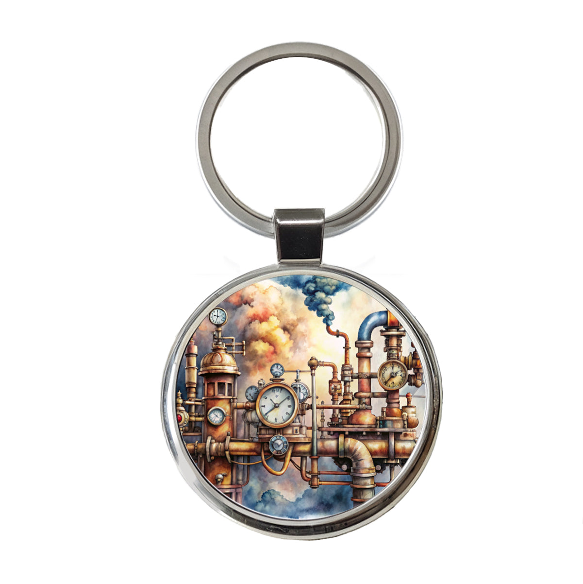 Sci-fi Steampunk Pipes Steam Gauges Watercolor Round Metal Keychain