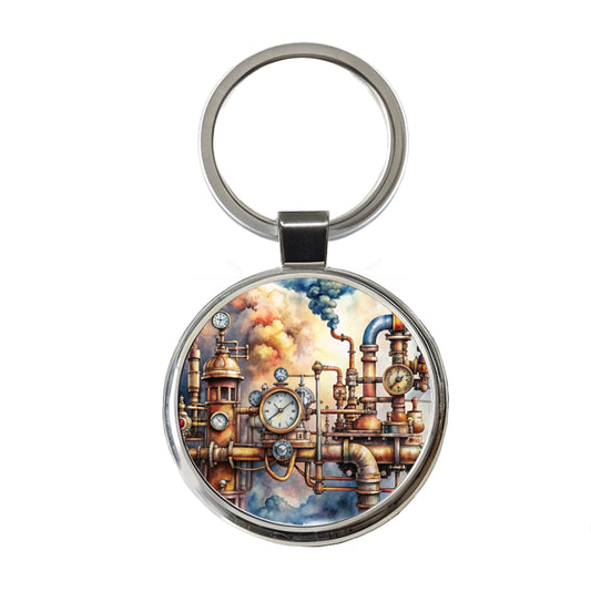 Sci-fi Steampunk Pipes Steam Gauges Watercolor Round Metal Keychain