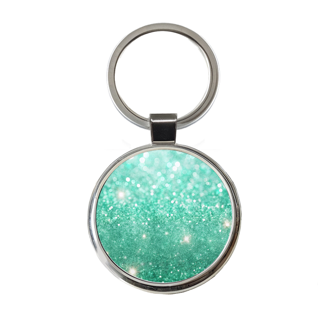 Sea Green Faux Glitter Round Metal Keychain