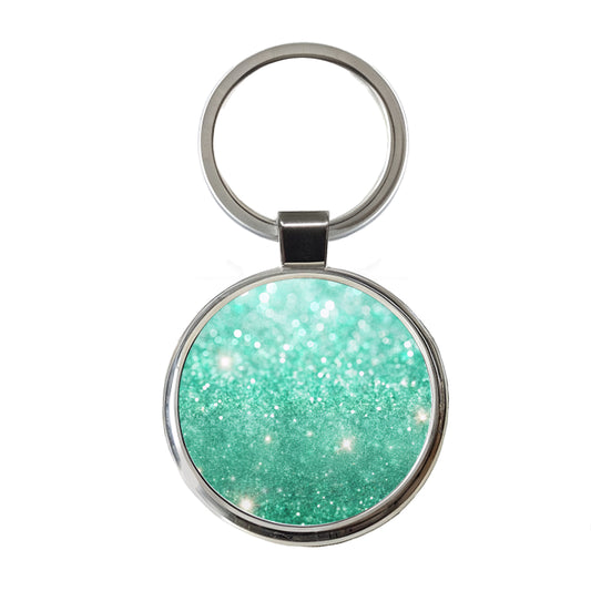 Sea Green Faux Glitter Round Metal Keychain