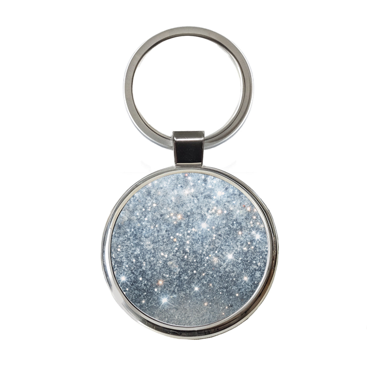 Silver Faux Glitter Round Metal Keychain
