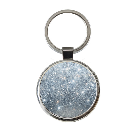 Silver Faux Glitter Round Metal Keychain
