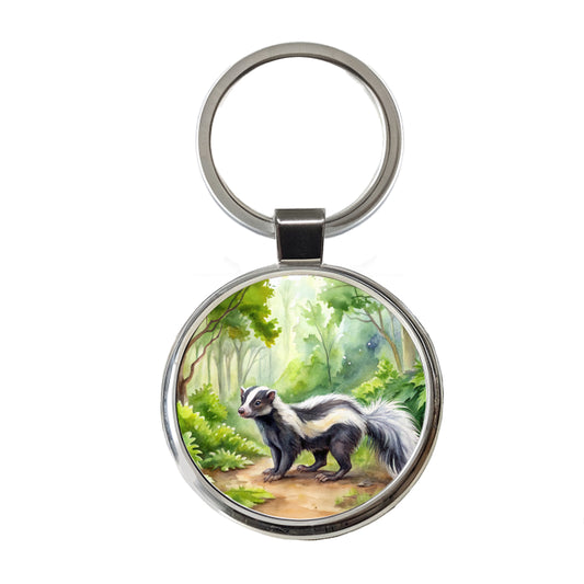 Skunk In The Forest Watercolor Round Metal Keychain