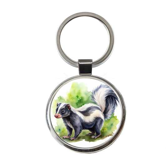 Skunk Watercolor Round Metal Keychain