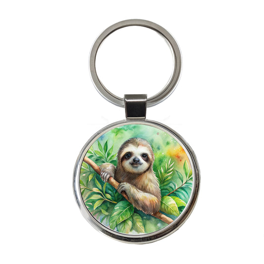 Sloth In A Tree Watercolor Round Metal Keychain