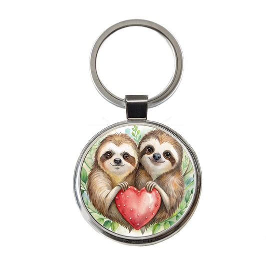 Sloths In Love Hearts Valentine's Day Round Metal Keychain