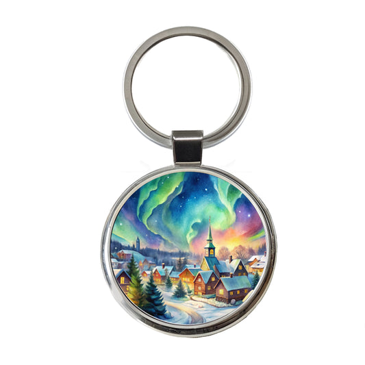 Small Town Northern Lights Watercolor Round Metal Keychain