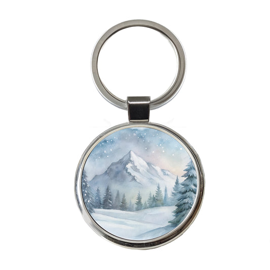 Snowy Wilderness Watercolor Round Metal Keychain