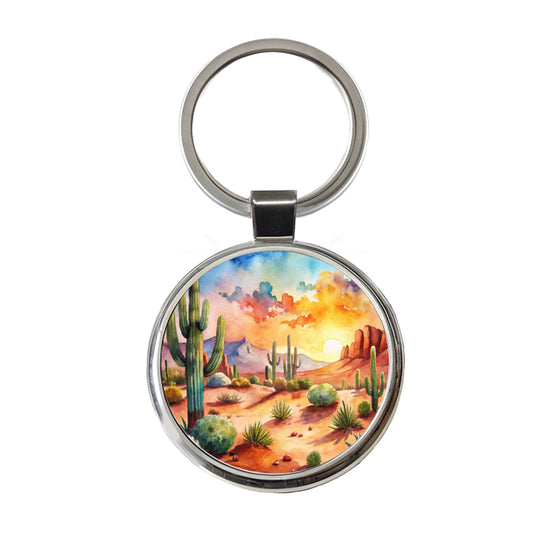 Southwest Desert Cactus Watercolor Round Metal Keychain