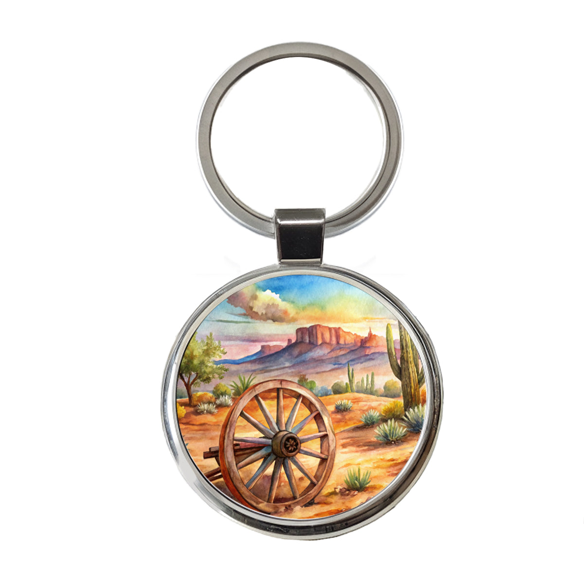 Southwest Desert With Abandoned Wagon Wheel Watercolor Round Metal Keychain
