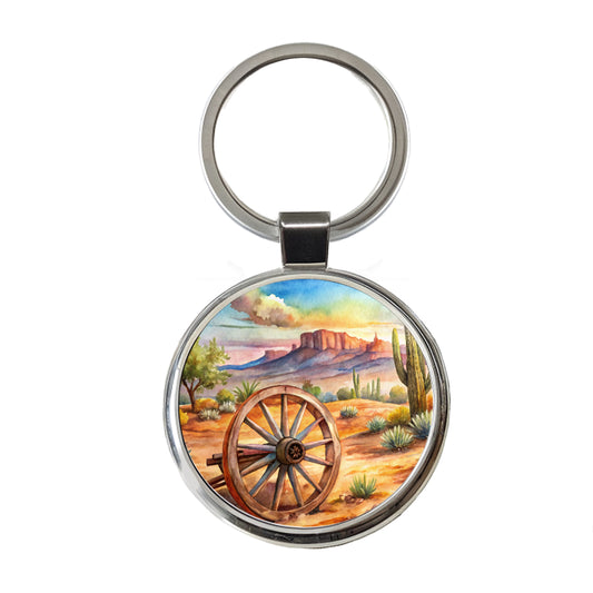 Southwest Desert With Abandoned Wagon Wheel Watercolor Round Metal Keychain