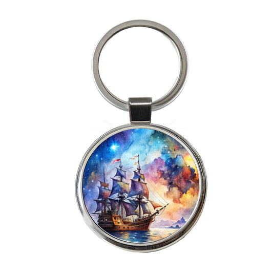 Space Pirate Ship Watercolor Round Metal Keychain