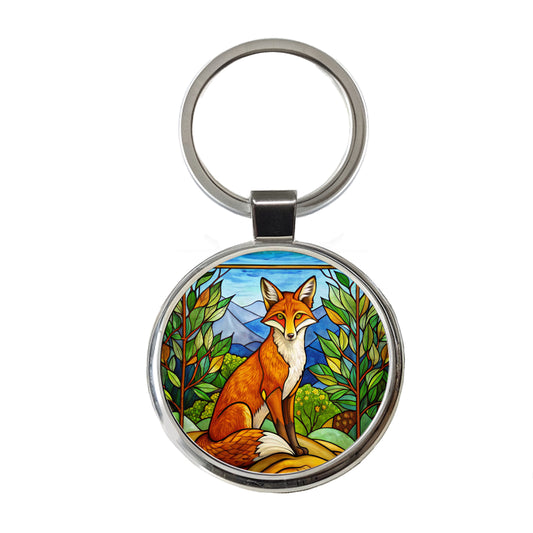Stained Glass Fox Sitting Round Metal Keychain