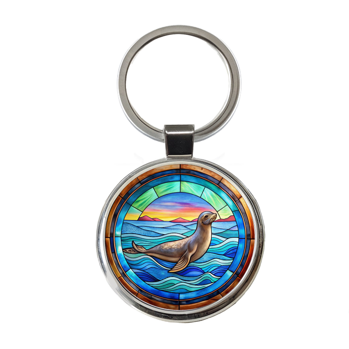 Stained Glass Seal In The Ocean Round Metal Keychain