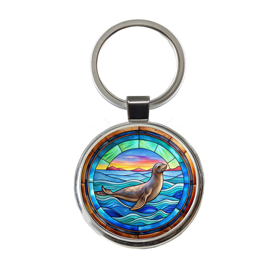 Stained Glass Seal In The Ocean Round Metal Keychain