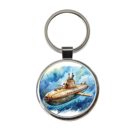Steampunk Sci-fi Fantasy Flying Submarine Round Metal Keychain