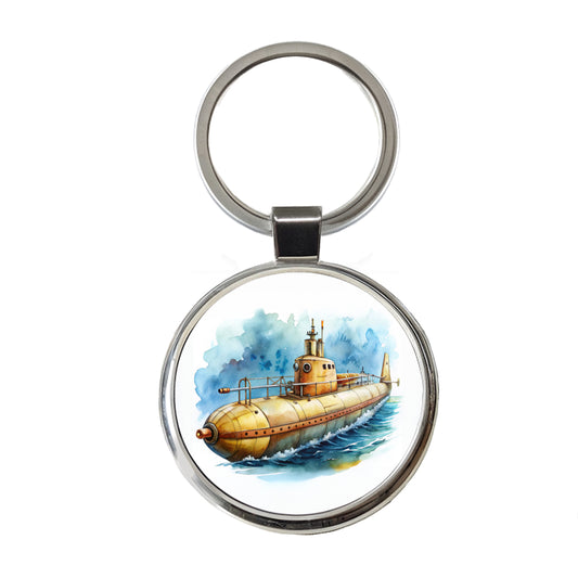 Steampunk Sci-fi Fantasy Retro Submarine Watercolor Round Metal Keychain