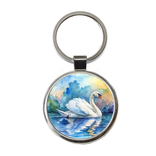 Swan Gliding Across Lake Watercolor Round Metal Keychain