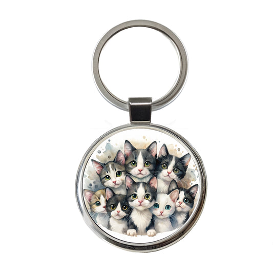 Sweet Black And White Cats Round Metal Keychain