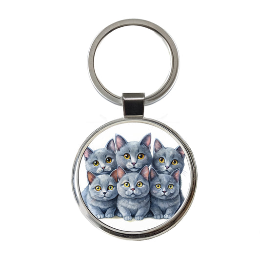 Sweet Chartreux Cats Round Metal Keychain