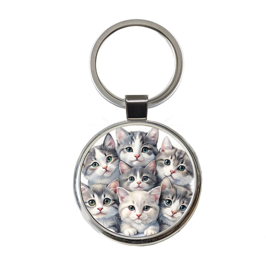 Sweet Gray And White Cats Round Metal Keychain