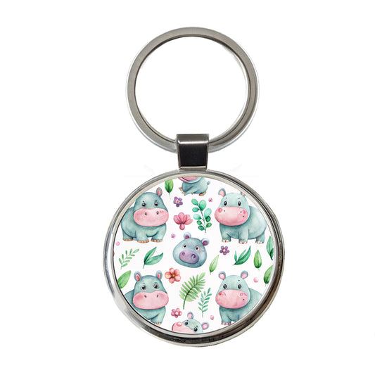 Sweet Hippos Round Metal Keychain
