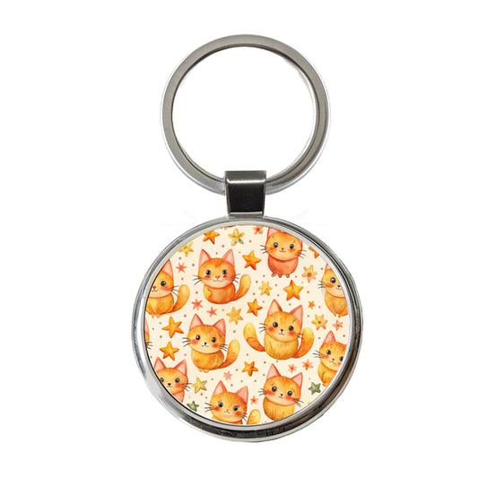 Sweet Orange Cats Yellow Stars Round Metal Keychain