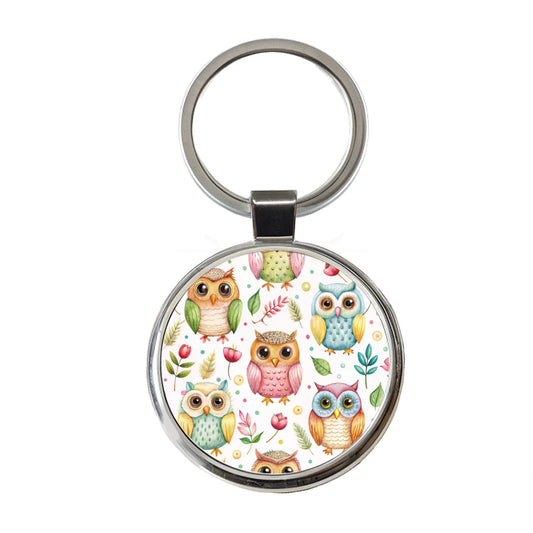Sweet Owls Round Metal Keychain