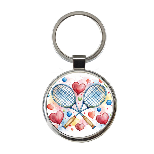 Tennis Rackets Crossed With Hearts Watercolor Round Metal Keychain