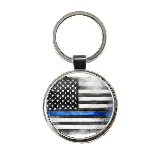 Thin Blue Line Black And White American Flag Support Policemen Police Round Metal Keychain
